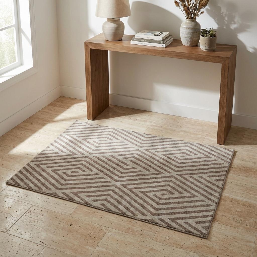 3' X 5' Taupe And Ivory Geometric Shag Washable Area Rug With UV Protection - HomeRoots - Flyclothing LLC
