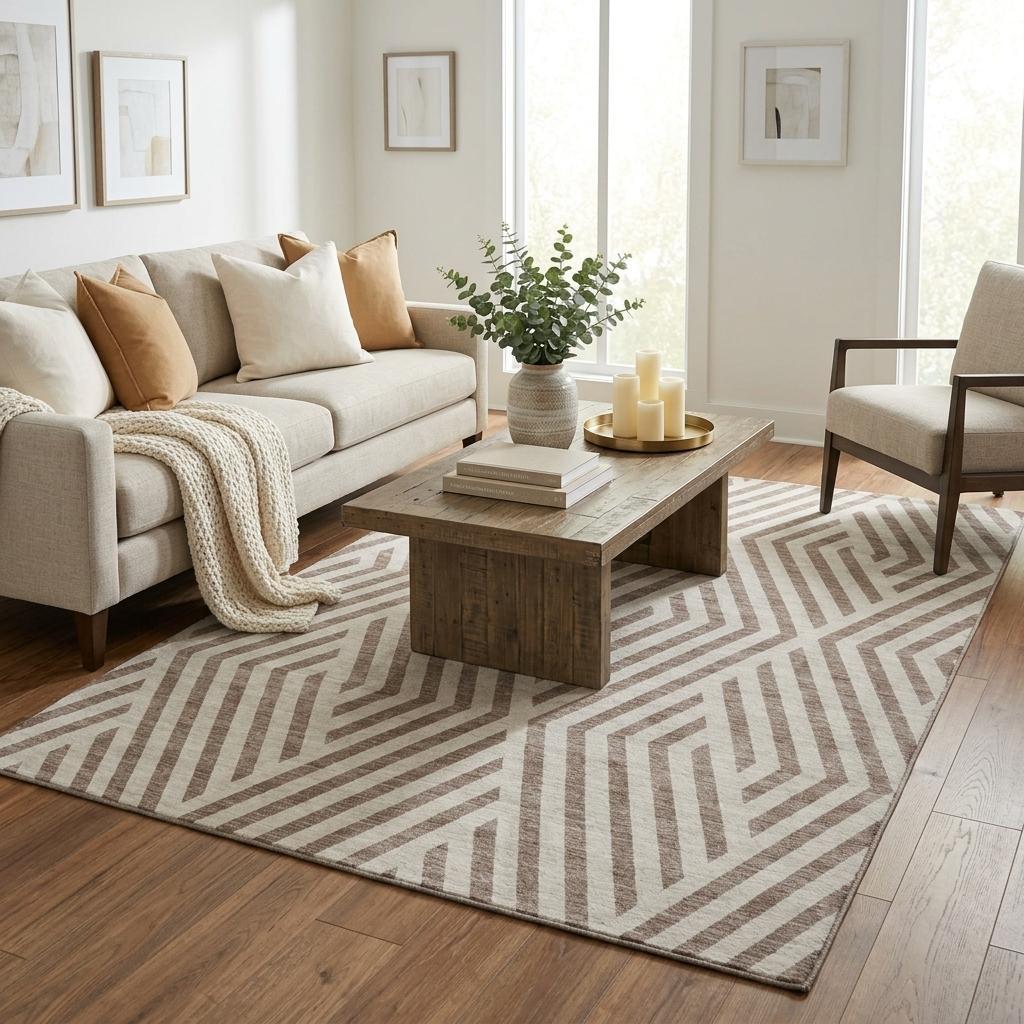 5' X 8' Taupe And Ivory Geometric Shag Washable Area Rug With UV Protection - HomeRoots - Flyclothing LLC