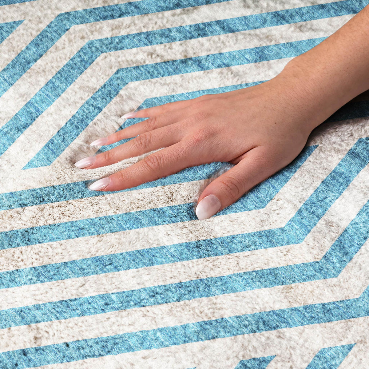 8' Teal And Ivory Geometric Shag Washable Round Rug With UV Protection - HomeRoots - Flyclothing LLC
