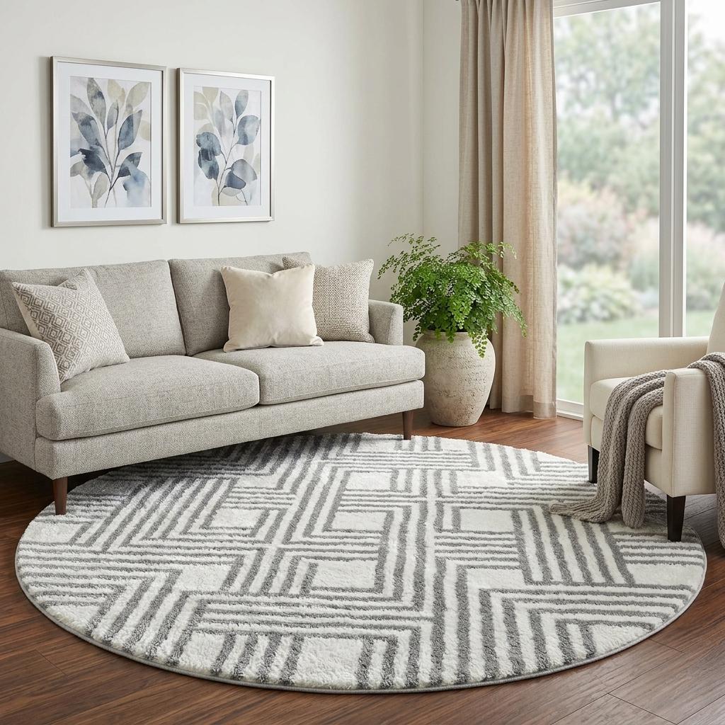 8' Yellow And Ivory Geometric Shag Washable Round Rug With UV Protection - HomeRoots - Flyclothing LLC
