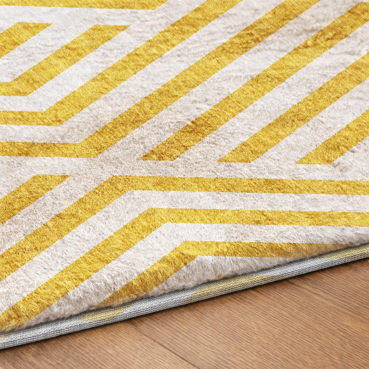 9' X 12' Yellow And Ivory Geometric Shag Washable Area Rug With UV Protection - HomeRoots - Flyclothing LLC