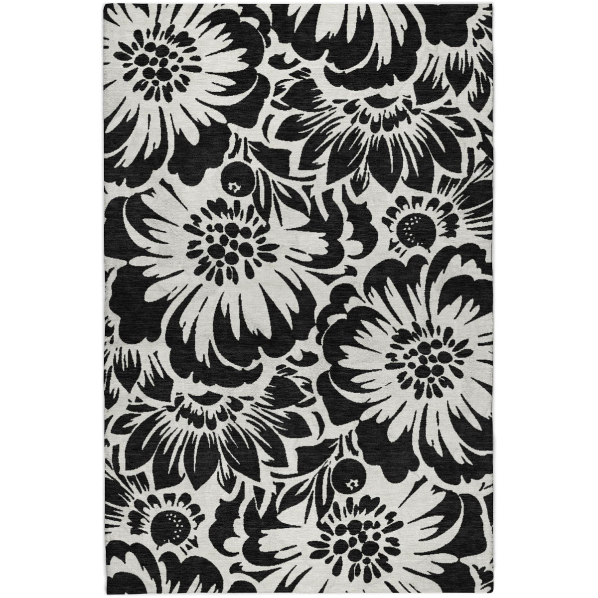 5' X 8' Black And Ivory Floral Shag Washable Area Rug With UV Protection - HomeRoots - Flyclothing LLC