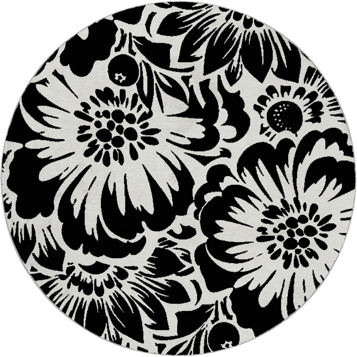 8' Black And Ivory Floral Shag Washable Round Rug With UV Protection - HomeRoots - Flyclothing LLC