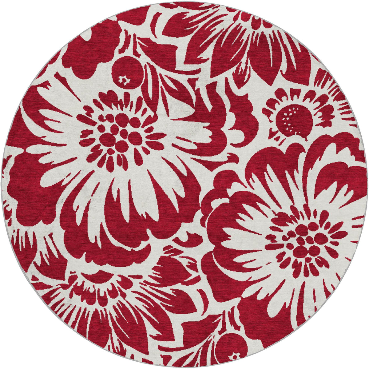 8' Burgundy And Ivory Floral Shag Washable Round Rug With UV Protection - HomeRoots - Flyclothing LLC