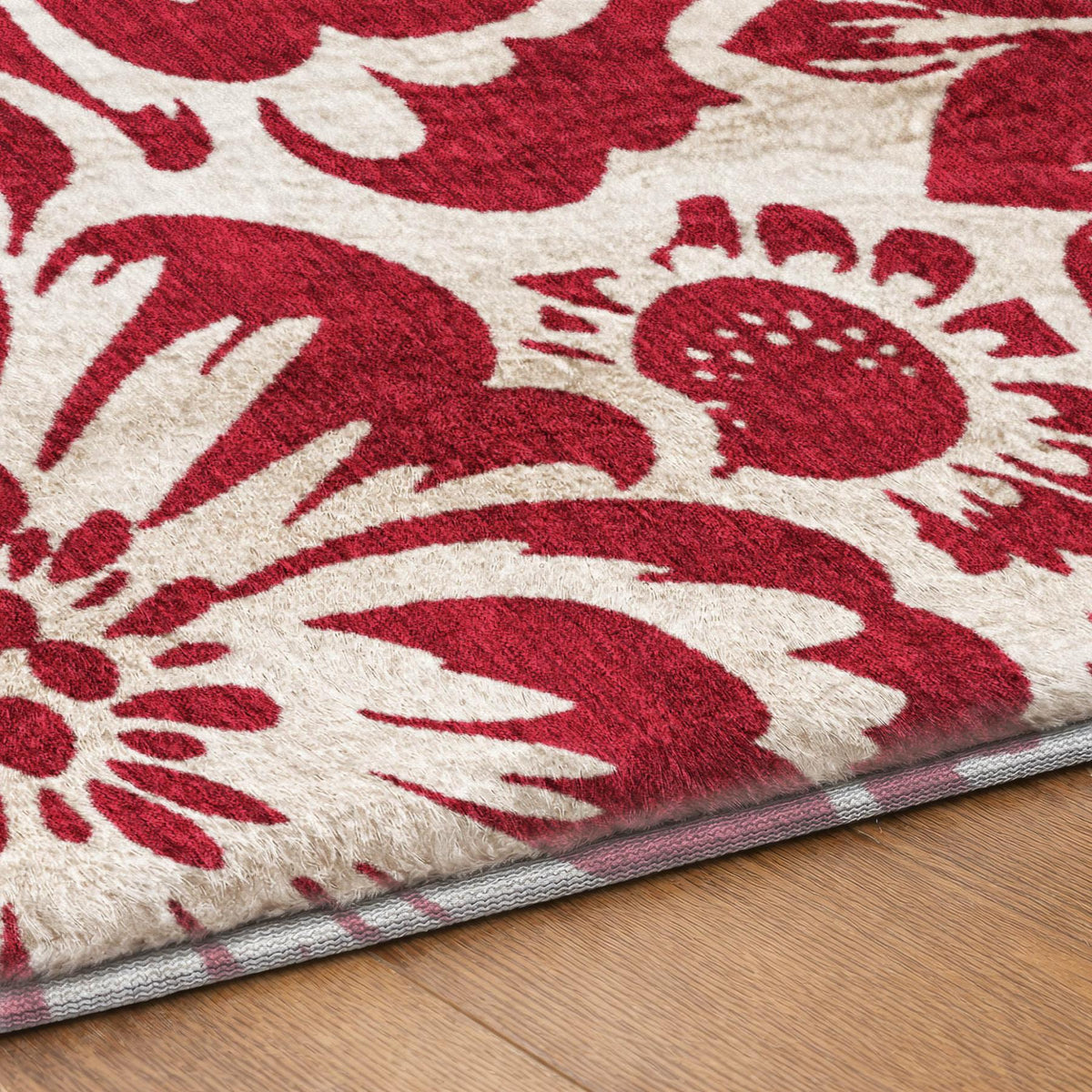 8' Burgundy And Ivory Floral Shag Washable Round Rug With UV Protection - HomeRoots - Flyclothing LLC
