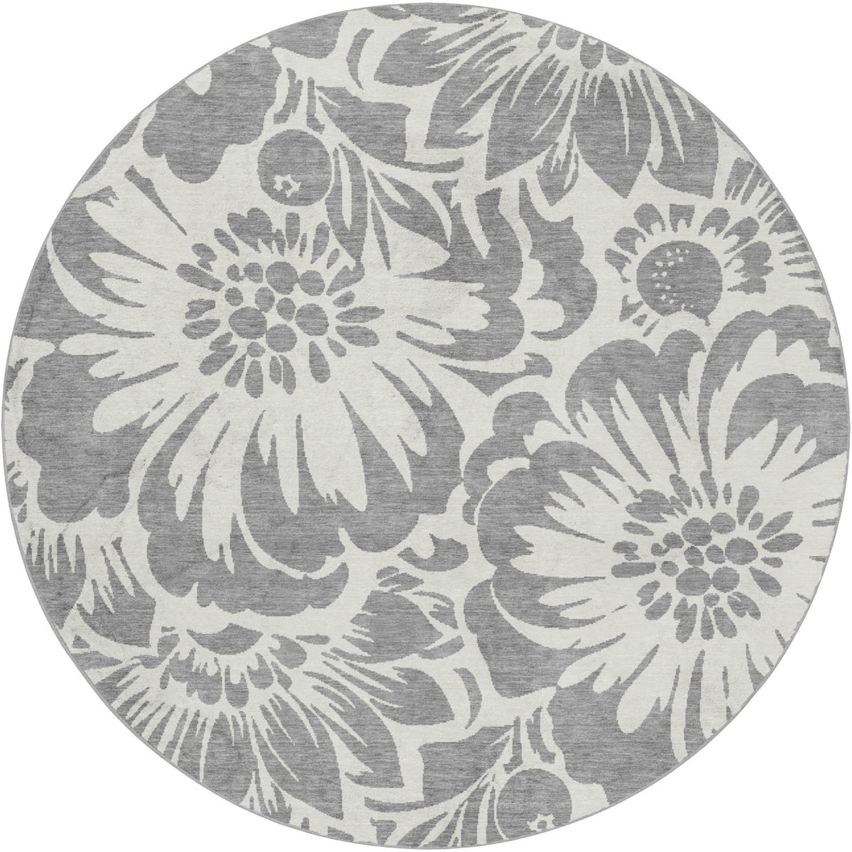 8' Gray And Ivory Floral Shag Washable Round Rug With UV Protection - HomeRoots - Flyclothing LLC
