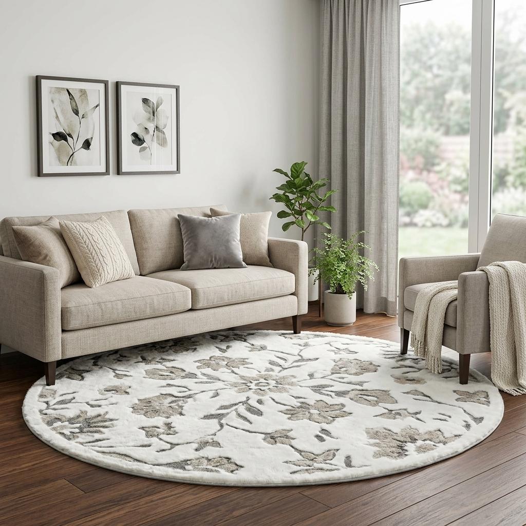 8' Gray And Ivory Floral Shag Washable Round Rug With UV Protection - HomeRoots - Flyclothing LLC