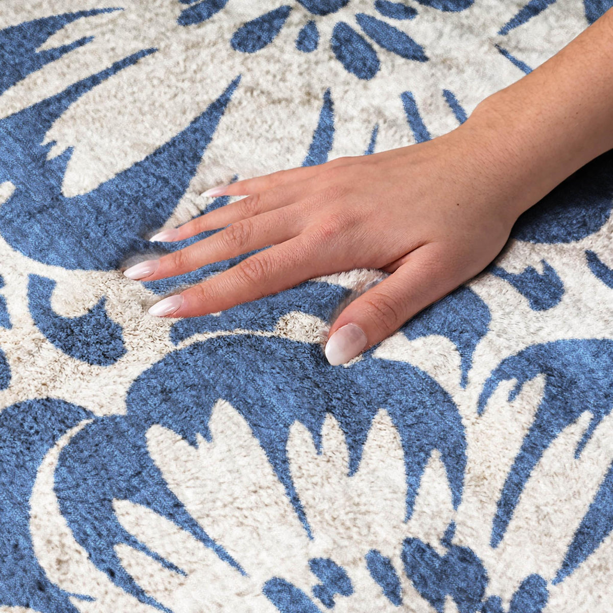 8' X 10' Navy Blue And Ivory Floral Shag Washable Area Rug With UV Protection - HomeRoots - Flyclothing LLC