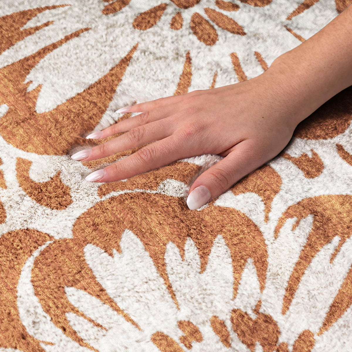 5' X 8' Orange And Ivory Floral Shag Washable Area Rug With UV Protection - HomeRoots - Flyclothing LLC