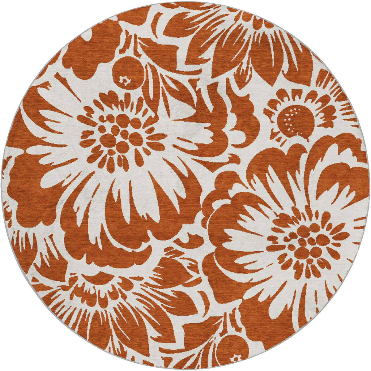 8' Orange And Ivory Floral Shag Washable Round Rug With UV Protection - HomeRoots - Flyclothing LLC
