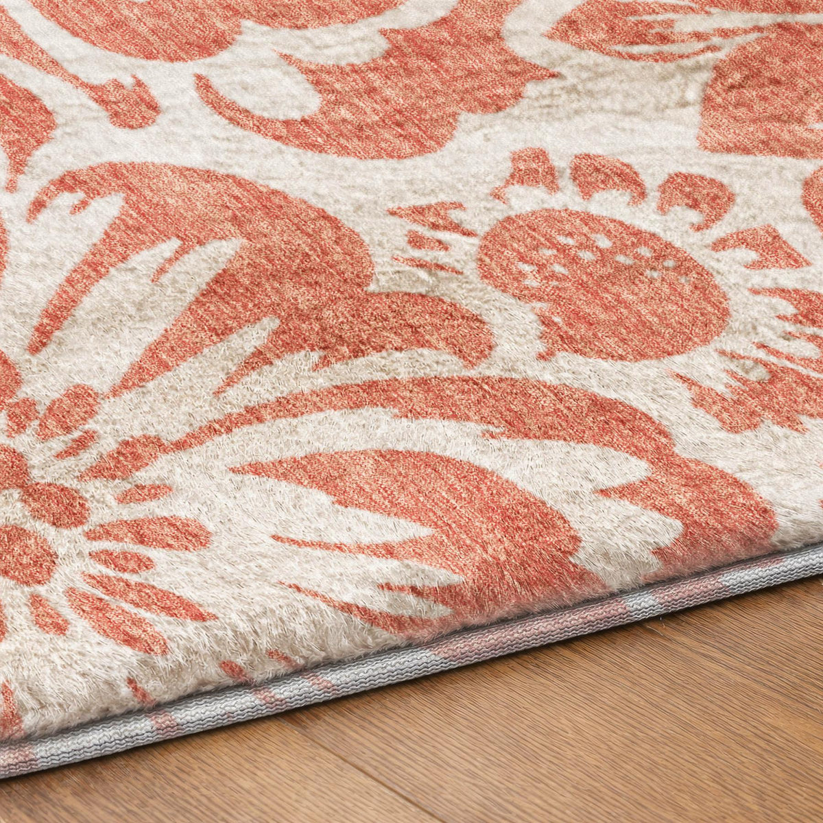 5' X 8' Salmon And Ivory Floral Shag Washable Area Rug With UV Protection - HomeRoots - Flyclothing LLC