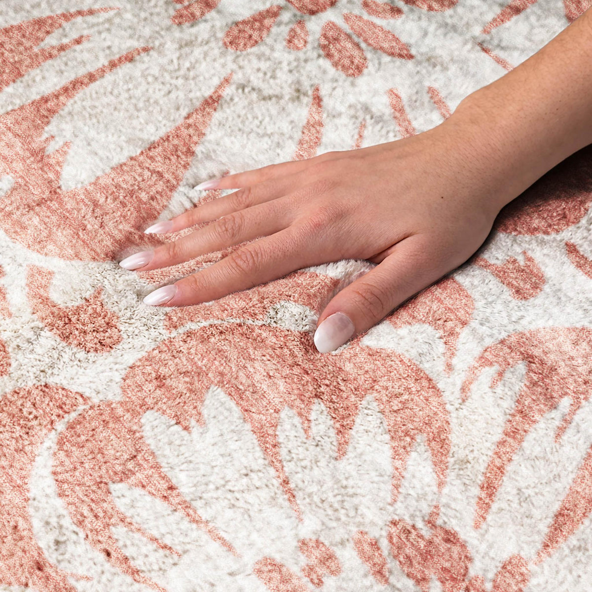 5' X 8' Salmon And Ivory Floral Shag Washable Area Rug With UV Protection - HomeRoots - Flyclothing LLC