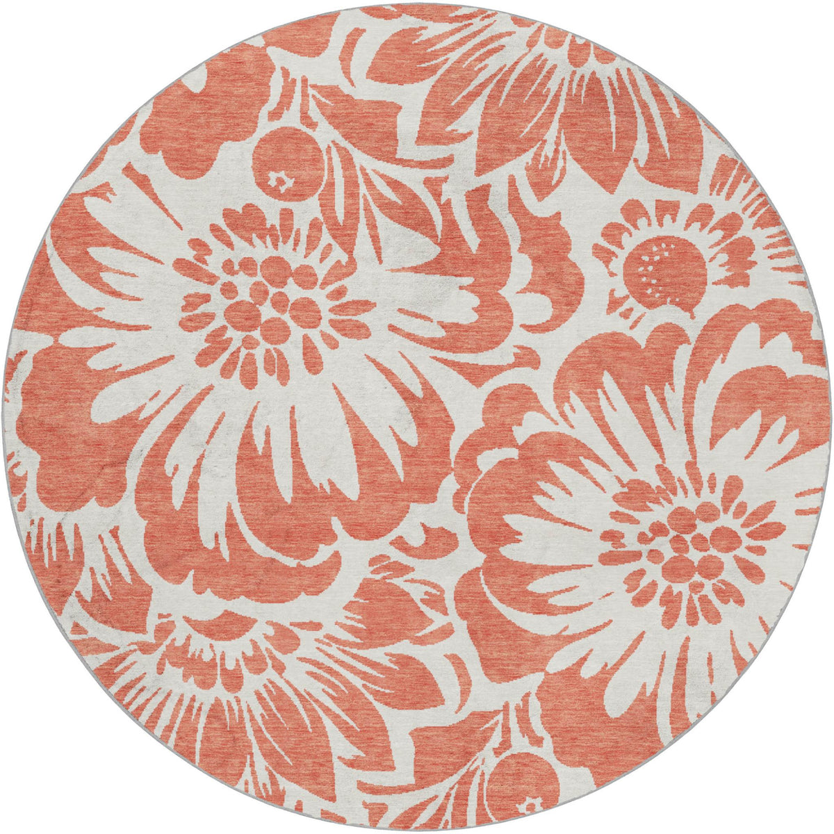 8' Salmon And Ivory Floral Shag Washable Round Rug With UV Protection - HomeRoots - Flyclothing LLC
