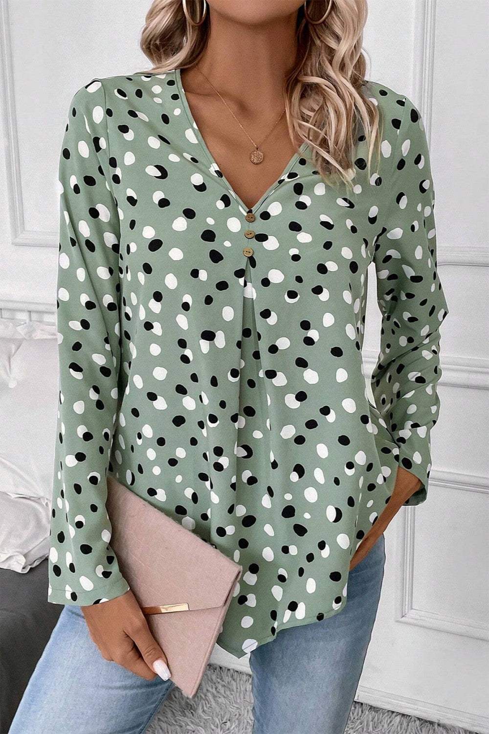 Printed V-Neck Long Sleeve Blouse - Trendsi - Flyclothing LLC