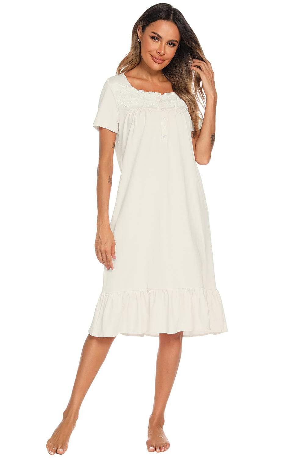 Lace Detail Square Neck Lounge Dress - Trendsi - Flyclothing LLC