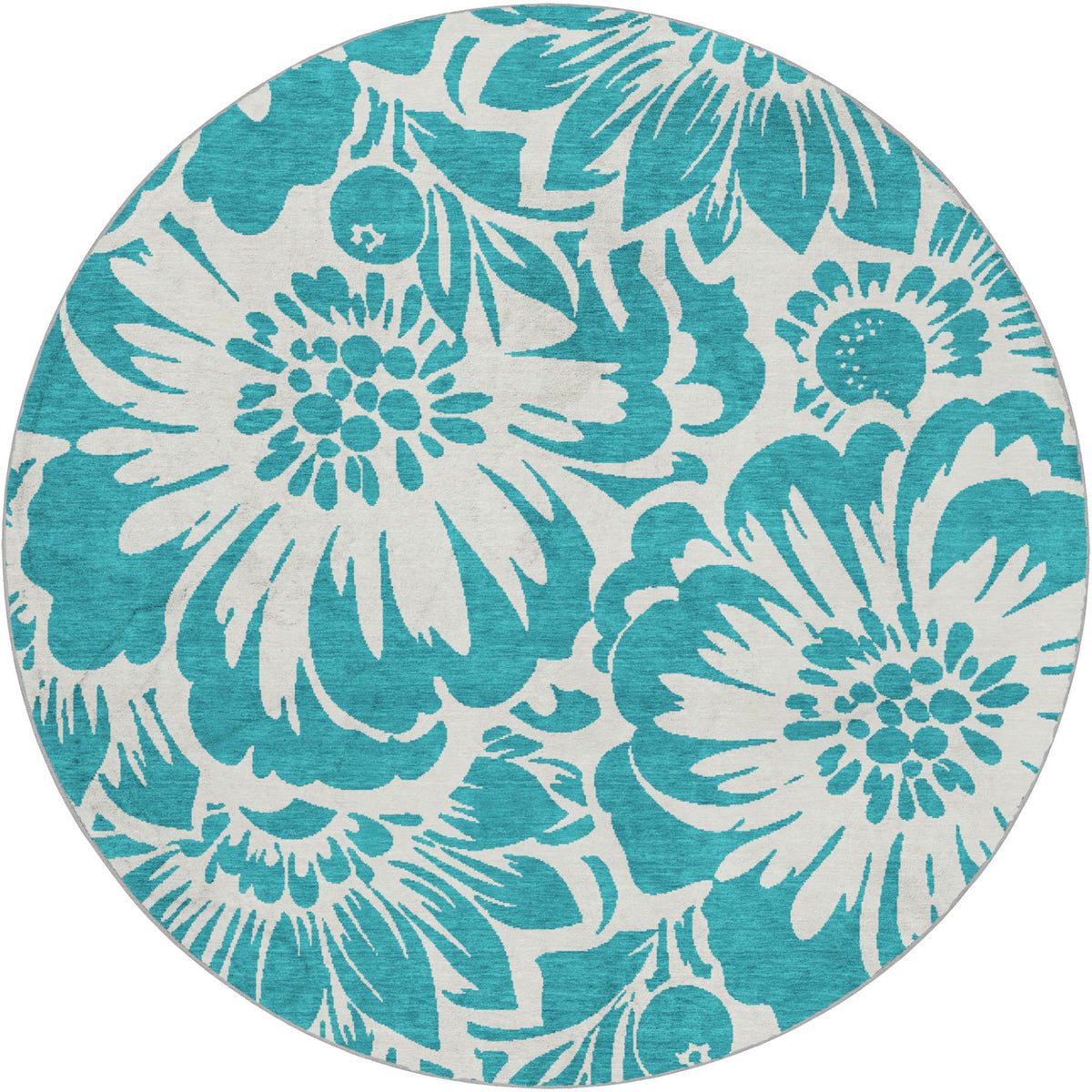 8' Teal And Ivory Floral Shag Washable Round Rug With UV Protection - HomeRoots - Flyclothing LLC
