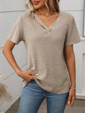 Ribbed V-Neck Short Sleeve T-Shirt - Trendsi