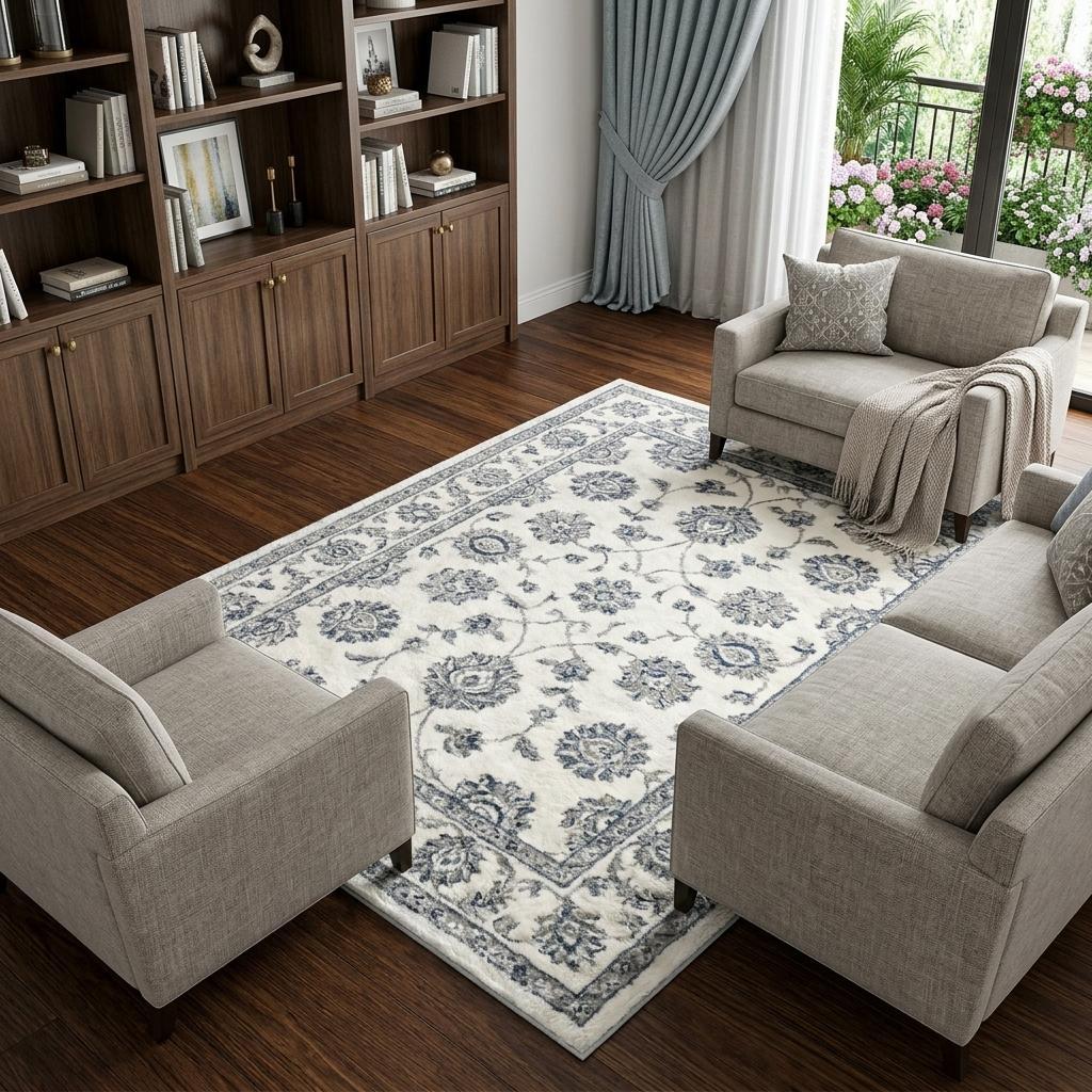 9' X 12' Teal And Ivory Floral Shag Washable Area Rug With UV Protection - HomeRoots - Flyclothing LLC