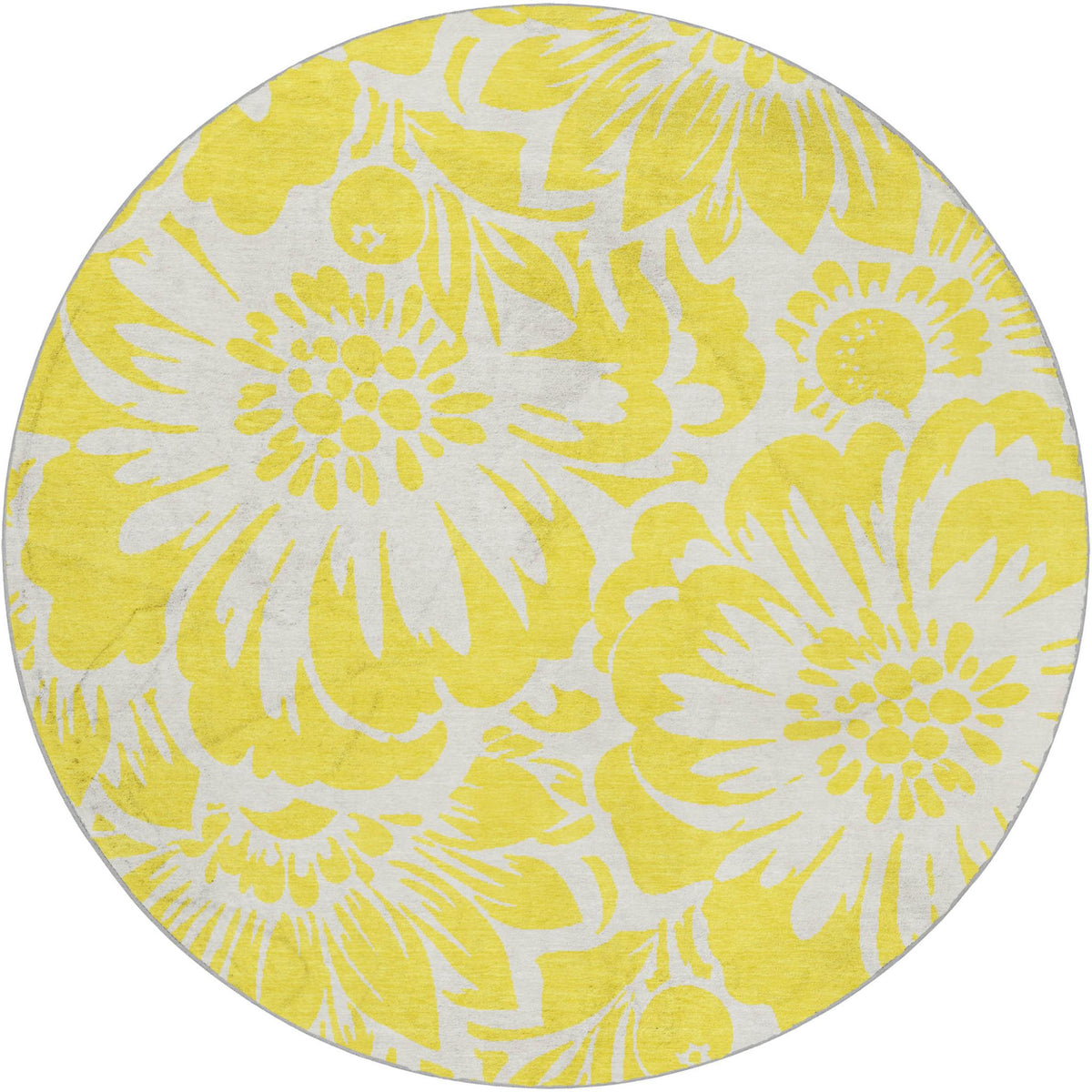 8' Yellow And Ivory Floral Shag Washable Round Rug With UV Protection - HomeRoots - Flyclothing LLC