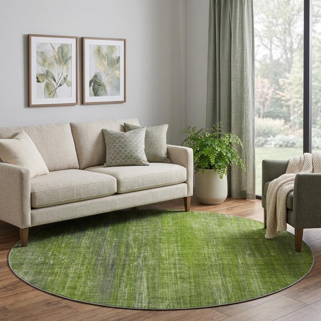 8' Green And Gray Striped Shag Washable Round Rug With UV Protection - HomeRoots - Flyclothing LLC