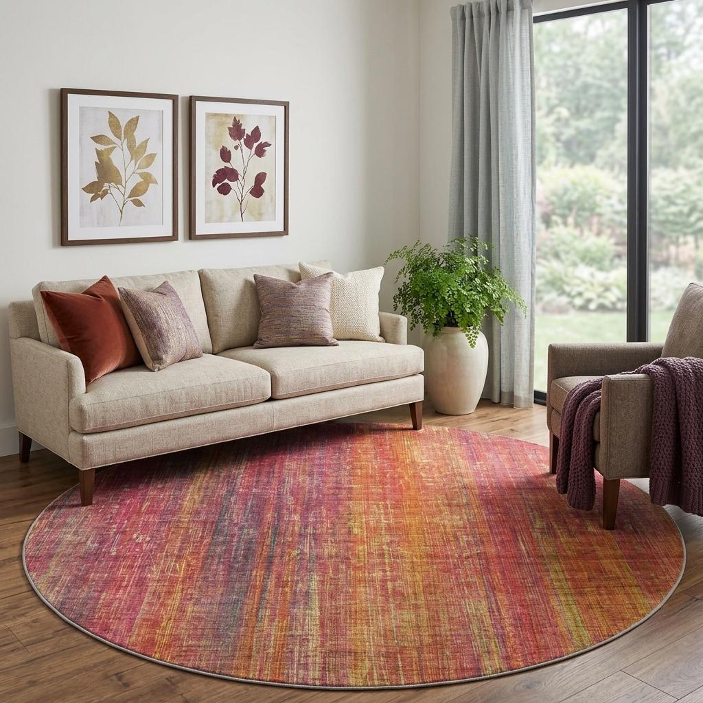 8' Red And Gold Striped Shag Washable Round Rug With UV Protection - HomeRoots - Flyclothing LLC