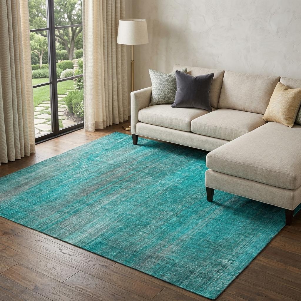 9' X 12' Teal And Gray Striped Shag Washable Area Rug With UV Protection - HomeRoots - Flyclothing LLC