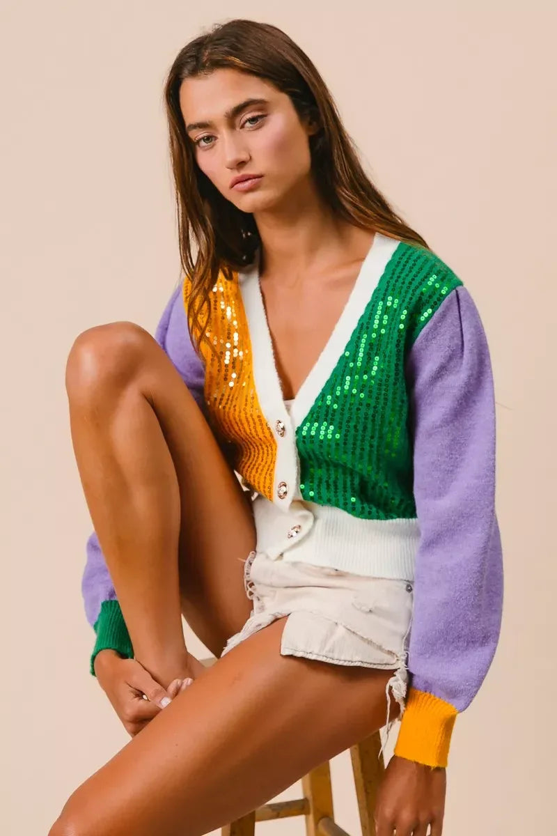 BiBi Mardi Gras Color Block Sequin Sweater Cardigan - Trendsi - Flyclothing LLC