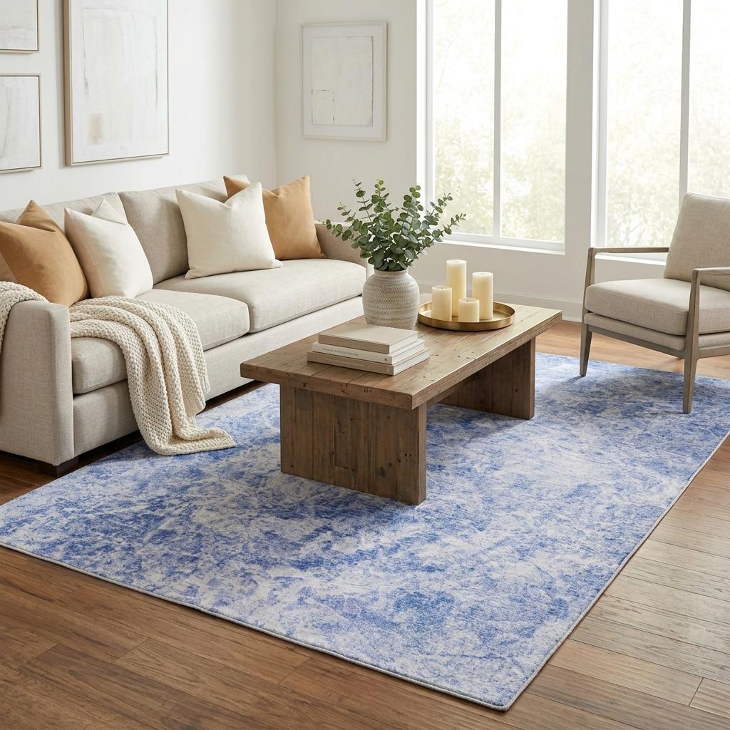 5' X 8' Blue And Ivory Abstract Shag Washable Area Rug With UV Protection - HomeRoots - Flyclothing LLC