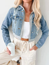 Distressed Zip Up Cropped Hooded Denim Jacket - Trendsi - Flyclothing LLC