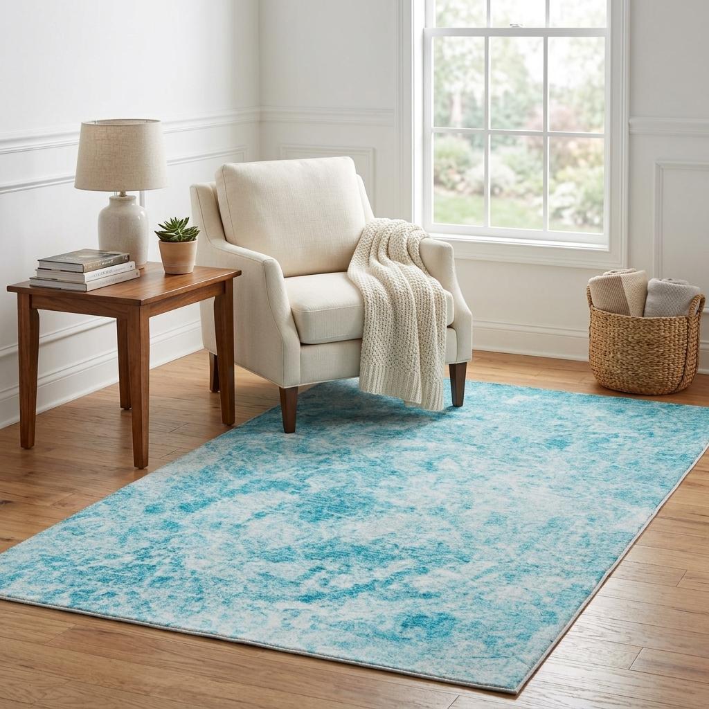 5' X 8' Teal And Ivory Abstract Shag Washable Area Rug With UV Protection - HomeRoots - Flyclothing LLC