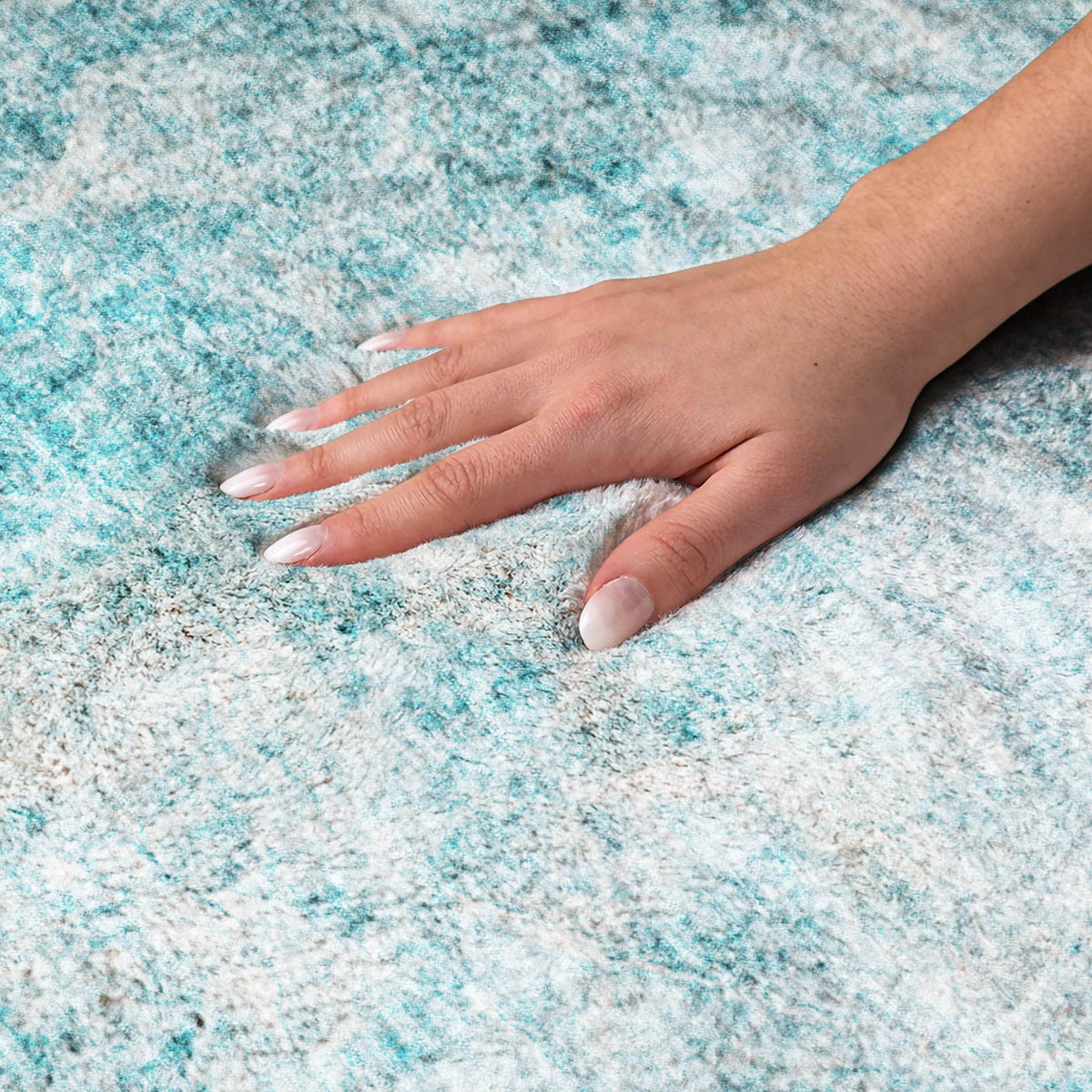 5' X 8' Teal And Ivory Abstract Shag Washable Area Rug With UV Protection - HomeRoots - Flyclothing LLC