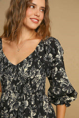 Umgee Ruffle Hem Flower Printed V-Neck Dress - Trendsi - Flyclothing LLC