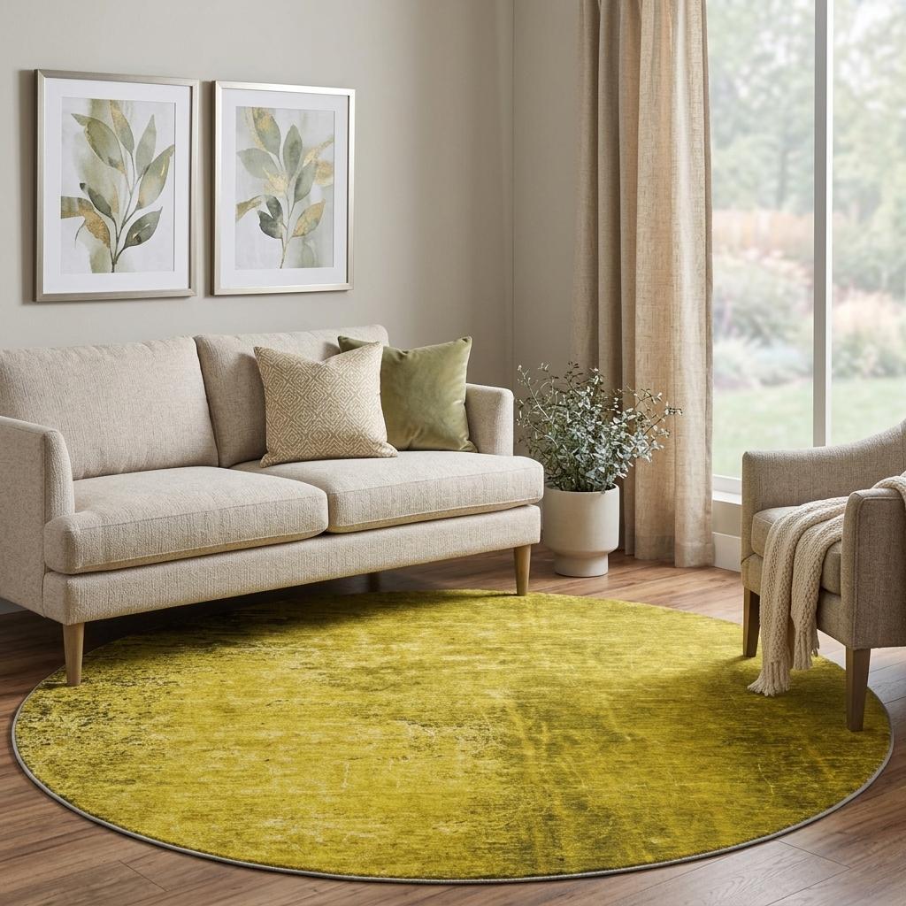 8' Gold And Gray Abstract Shag Washable Round Rug With UV Protection - HomeRoots - Flyclothing LLC