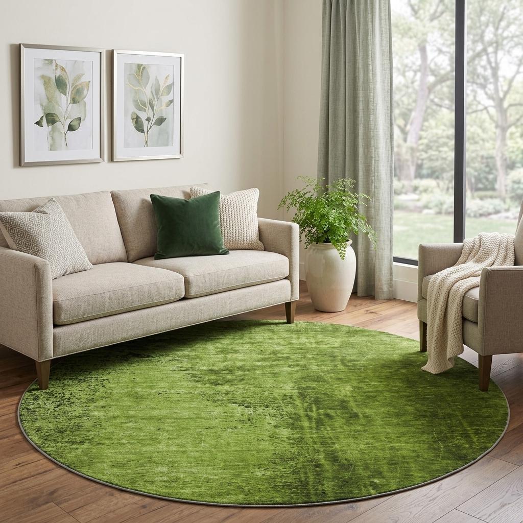 8' Green And Charcoal Abstract Shag Washable Round Rug With UV Protection - HomeRoots - Flyclothing LLC