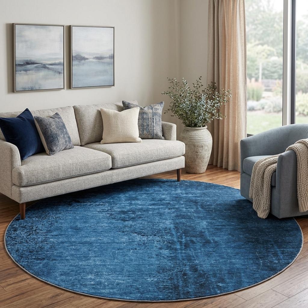 8' Navy Blue And Charcoal Abstract Shag Washable Round Rug With UV Protection - HomeRoots - Flyclothing LLC