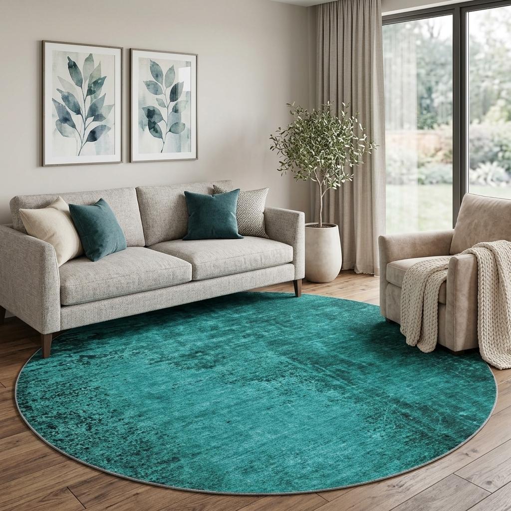 8' Teal And Charcoal Abstract Shag Washable Round Rug With UV Protection - HomeRoots - Flyclothing LLC