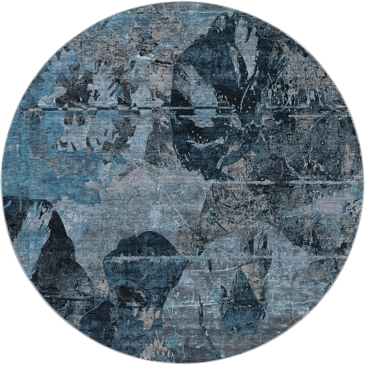 8' Denim Blue And Navy Blue Abstract Shag Washable Round Rug With UV Protection - HomeRoots - Flyclothing LLC