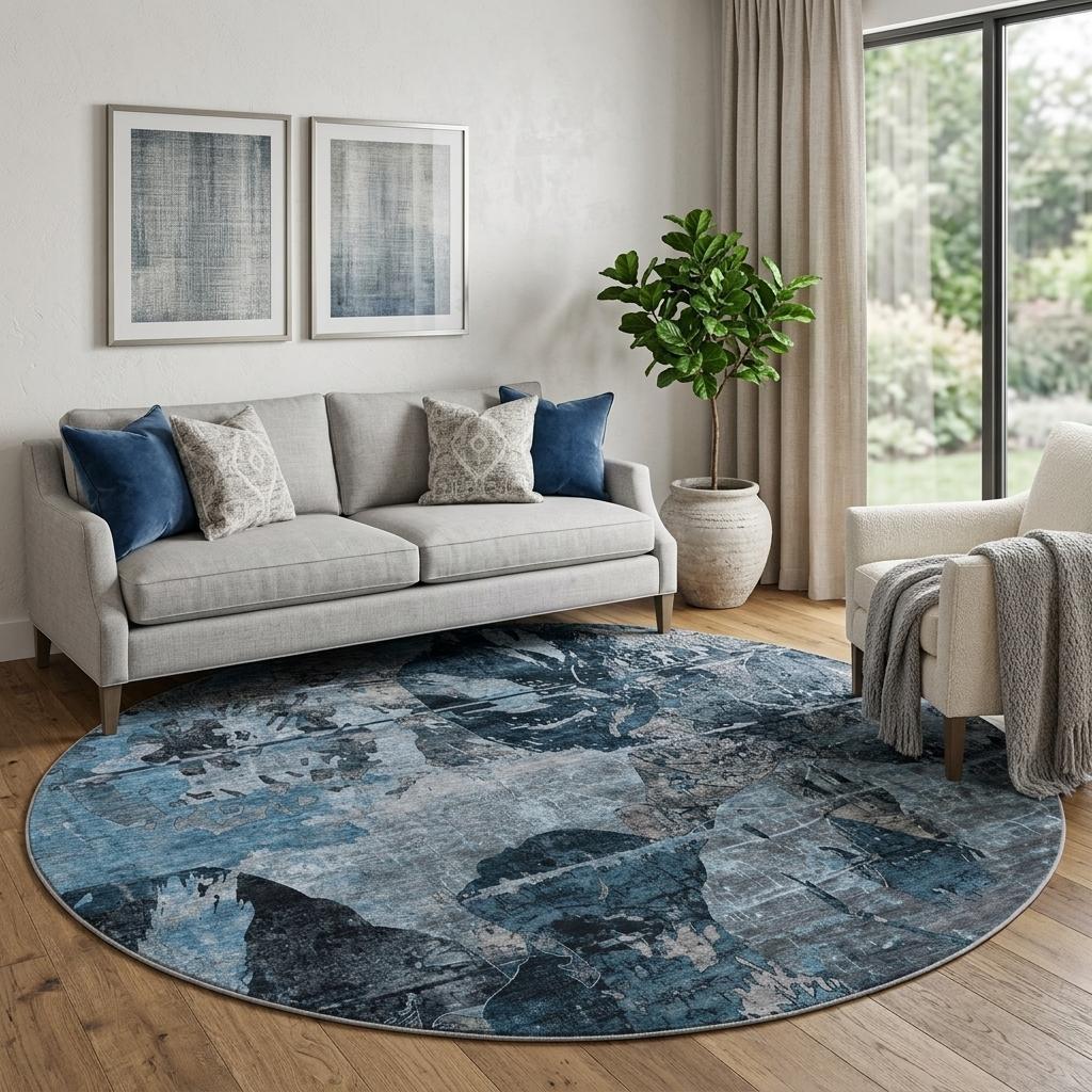 8' Denim Blue And Navy Blue Abstract Shag Washable Round Rug With UV Protection - HomeRoots - Flyclothing LLC