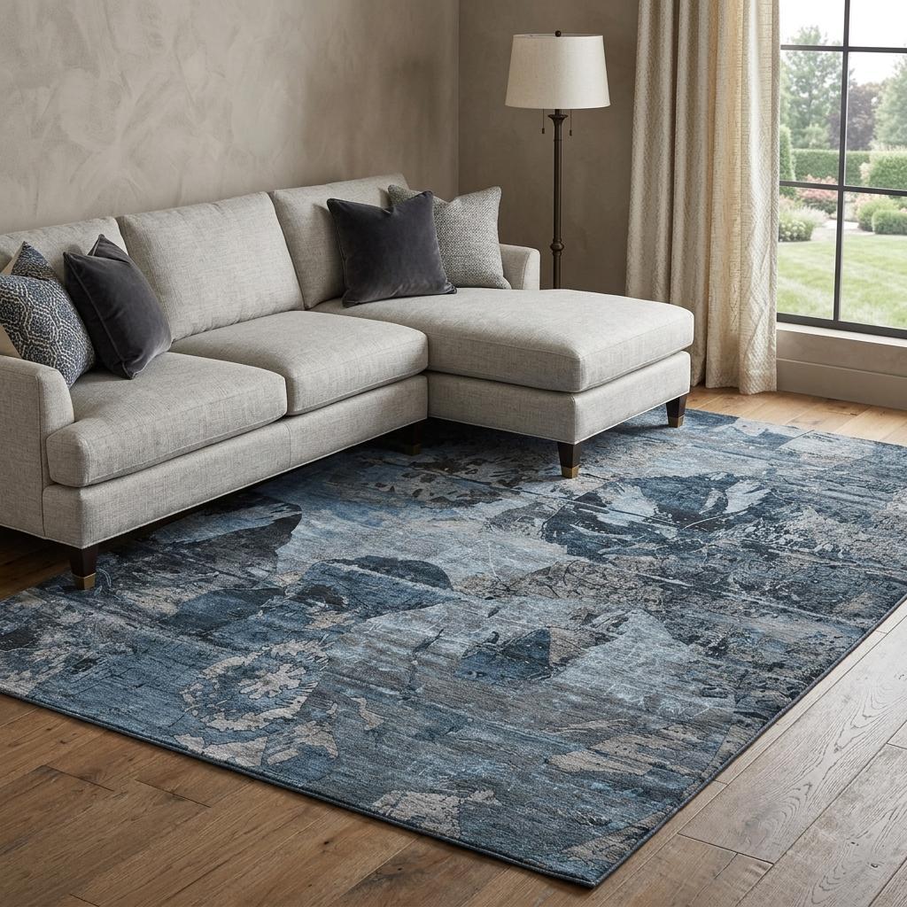 8' X 10' Denim Blue And Navy Blue Abstract Shag Washable Area Rug With UV Protection - HomeRoots - Flyclothing LLC