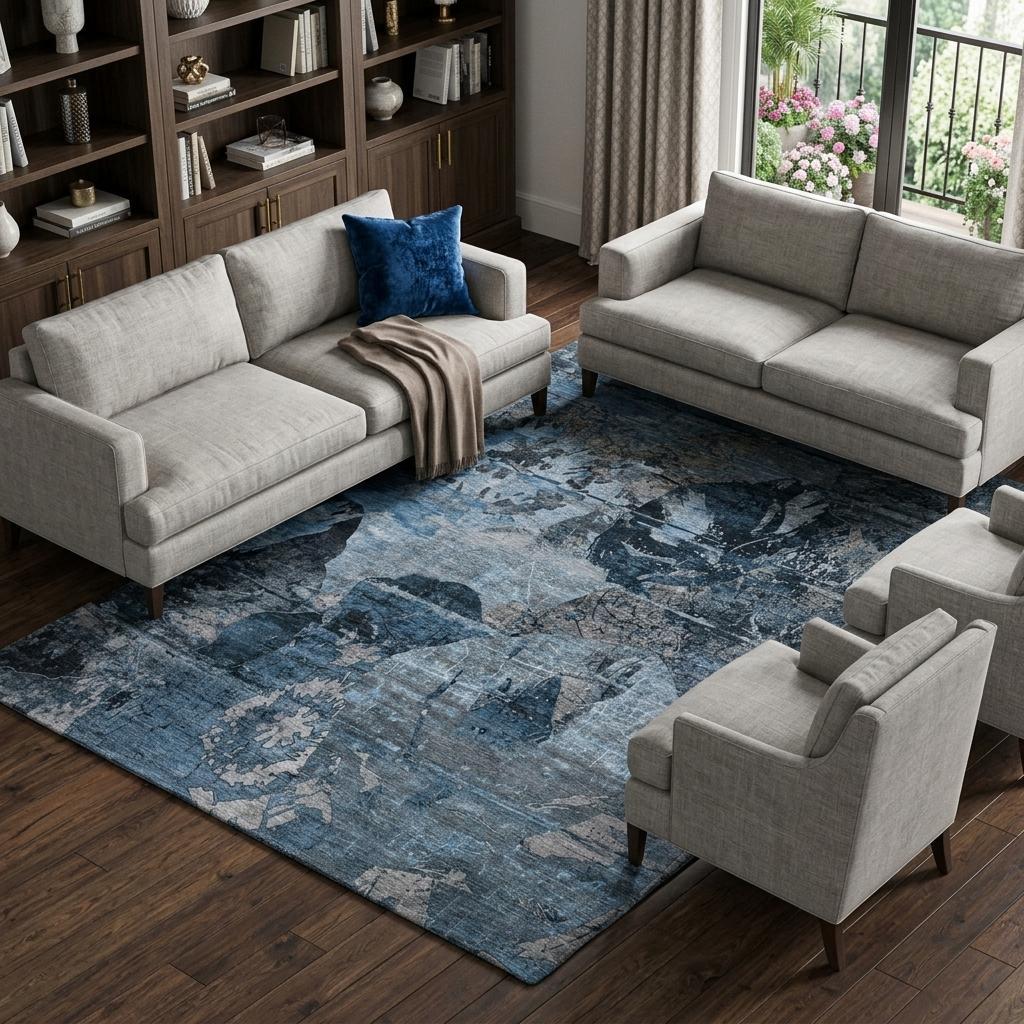 10' X 14' Denim Blue And Navy Blue Abstract Shag Washable Area Rug With UV Protection - HomeRoots - Flyclothing LLC