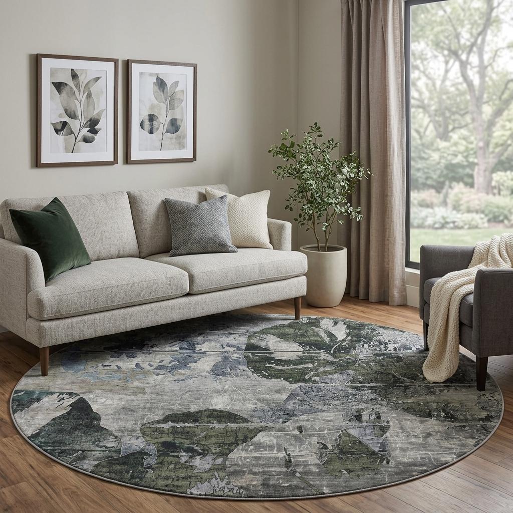 8' Gray And Taupe Abstract Shag Washable Round Rug With UV Protection - HomeRoots - Flyclothing LLC