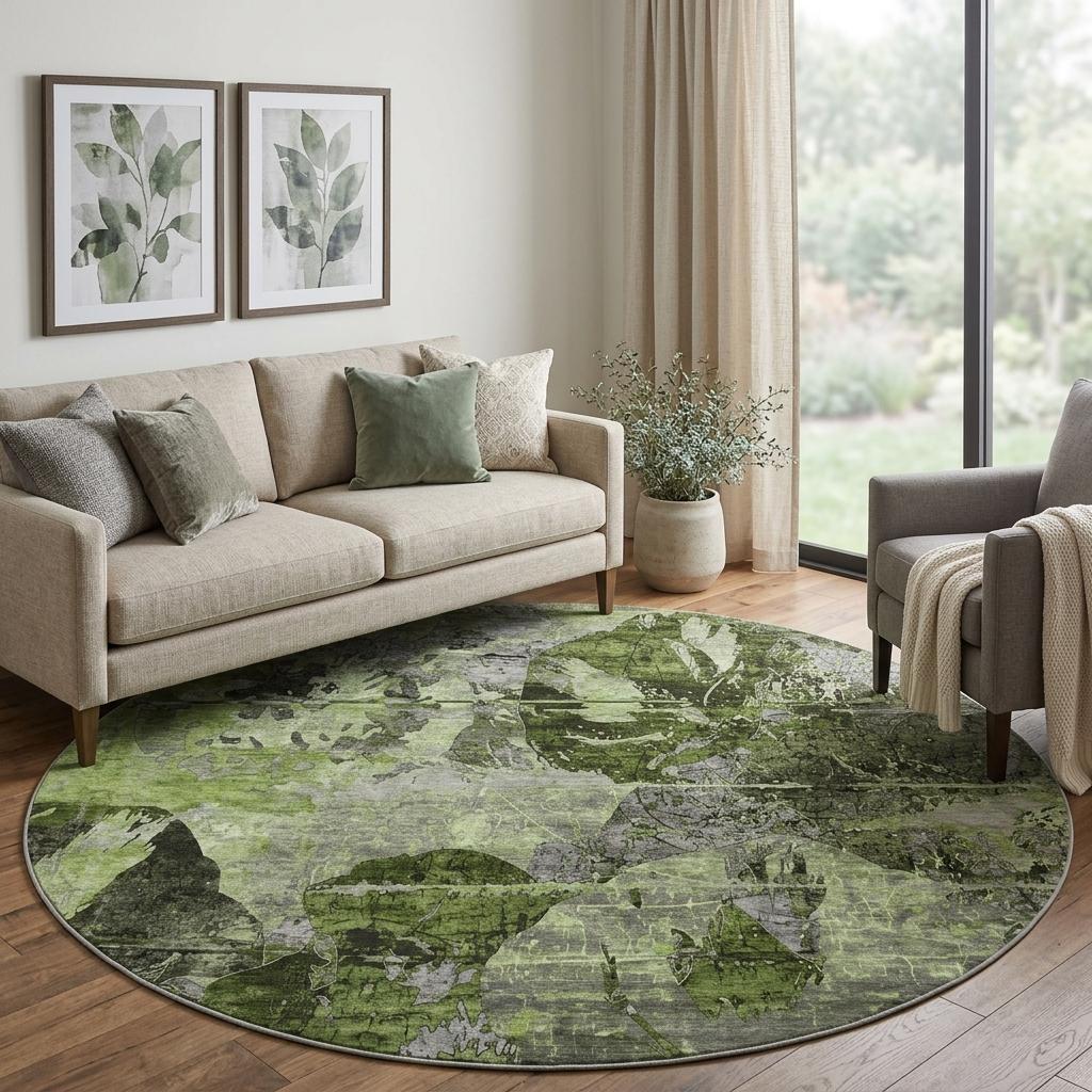 8' Green And Gray Abstract Shag Washable Round Rug With UV Protection - HomeRoots - Flyclothing LLC