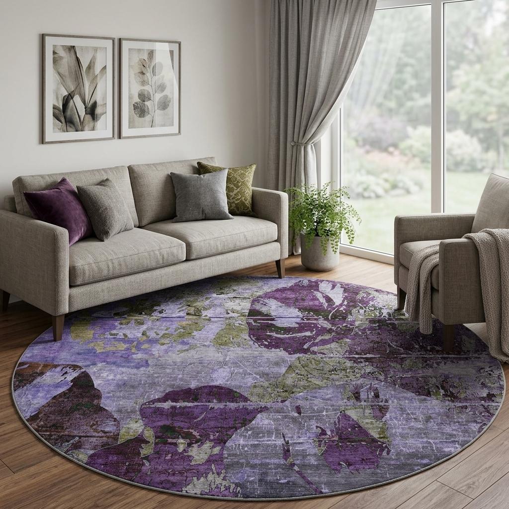 8' Purple And Gray Abstract Shag Washable Round Rug With UV Protection - HomeRoots - Flyclothing LLC