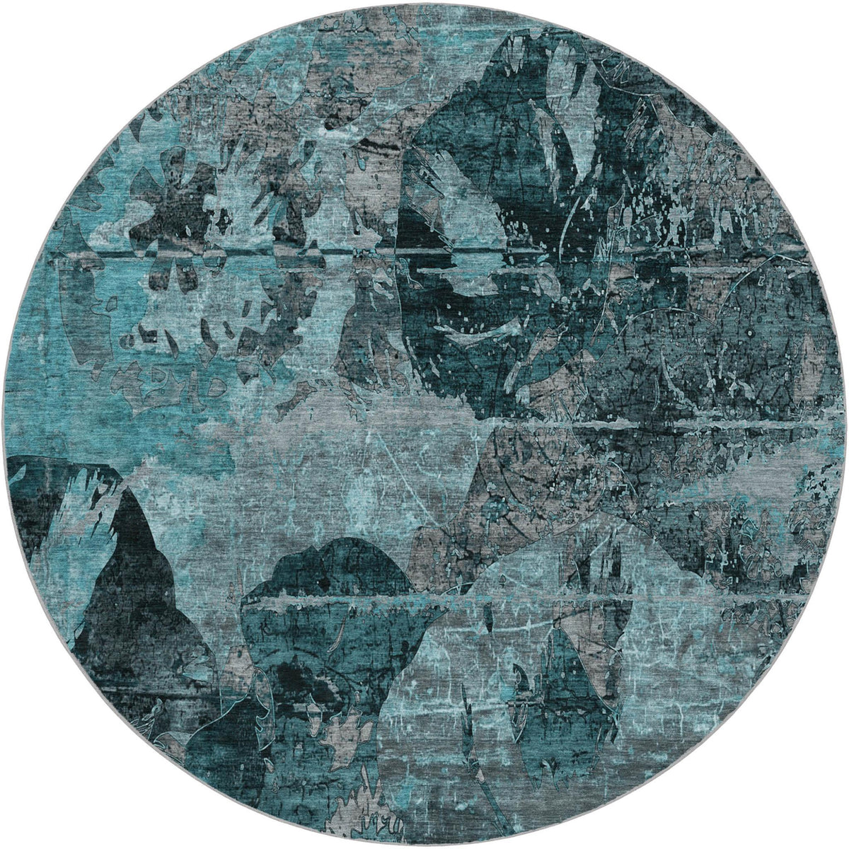 8' Teal And Gray Abstract Shag Washable Round Rug With UV Protection - HomeRoots - Flyclothing LLC