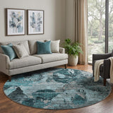 8' Teal And Gray Abstract Shag Washable Round Rug With UV Protection - HomeRoots - Flyclothing LLC