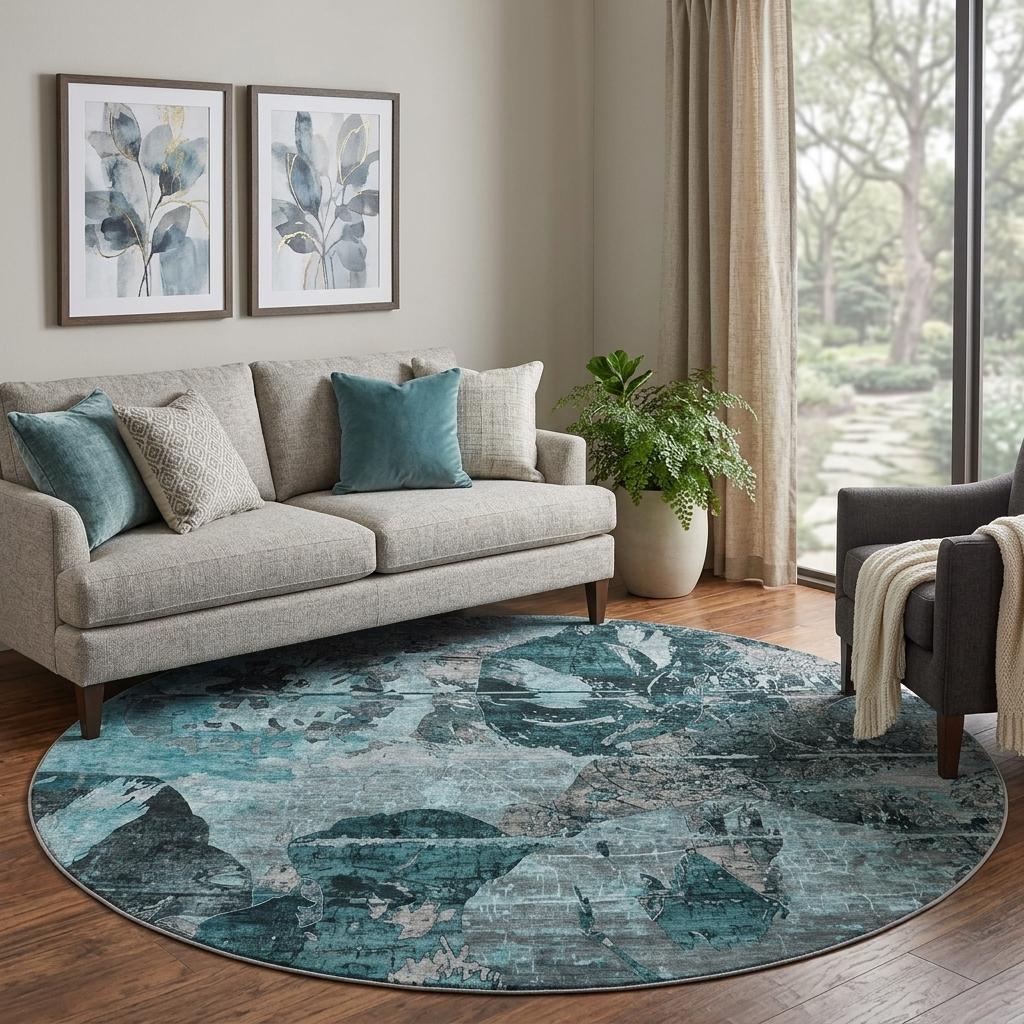 8' Teal And Gray Abstract Shag Washable Round Rug With UV Protection - HomeRoots - Flyclothing LLC
