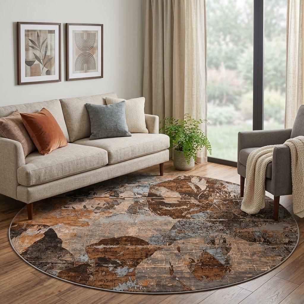 8' Terra Cotta And Copper Abstract Shag Washable Round Rug With UV Protection - HomeRoots - Flyclothing LLC