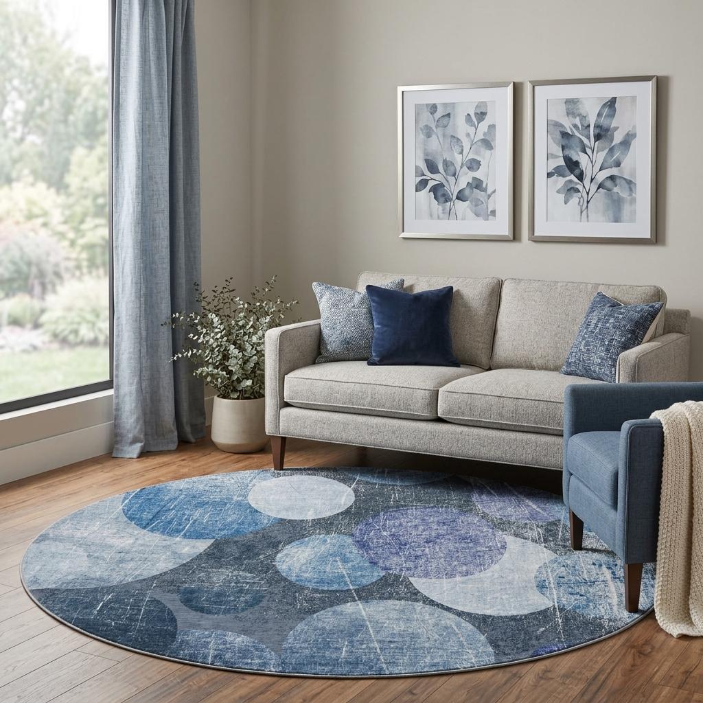 8' Blue And Denim Blue Geometric Shag Washable Round Rug With UV Protection - HomeRoots - Flyclothing LLC