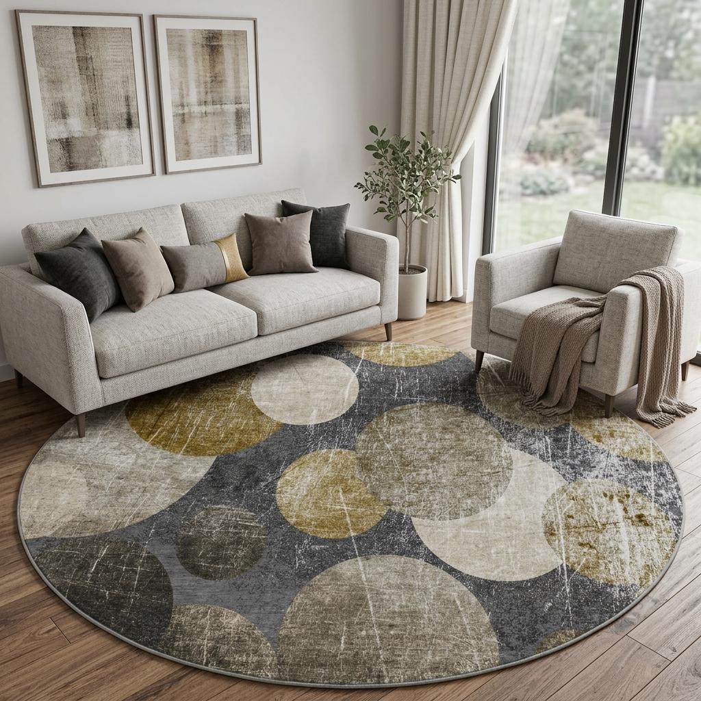 8' Brown And Taupe Geometric Shag Washable Round Rug With UV Protection - HomeRoots - Flyclothing LLC