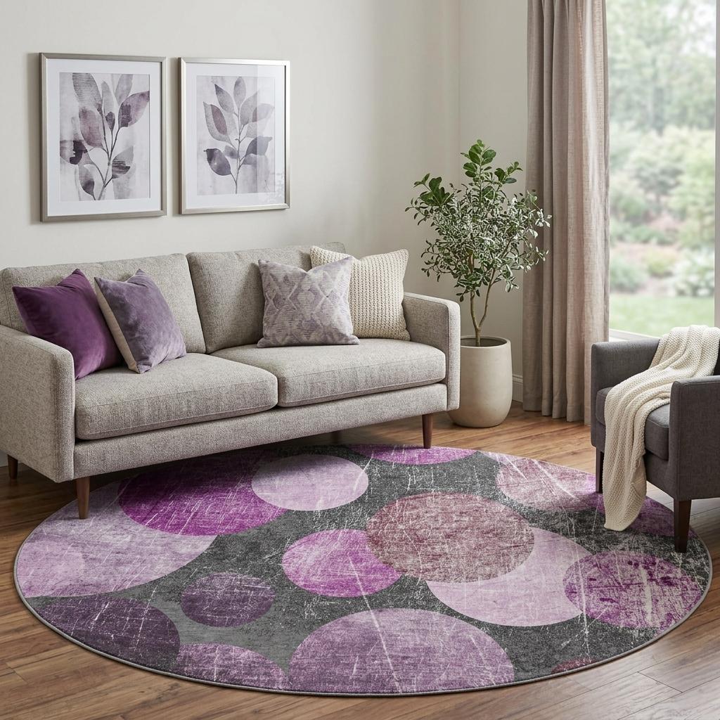 8' Red And Purple Geometric Shag Washable Round Rug With UV Protection - HomeRoots - Flyclothing LLC